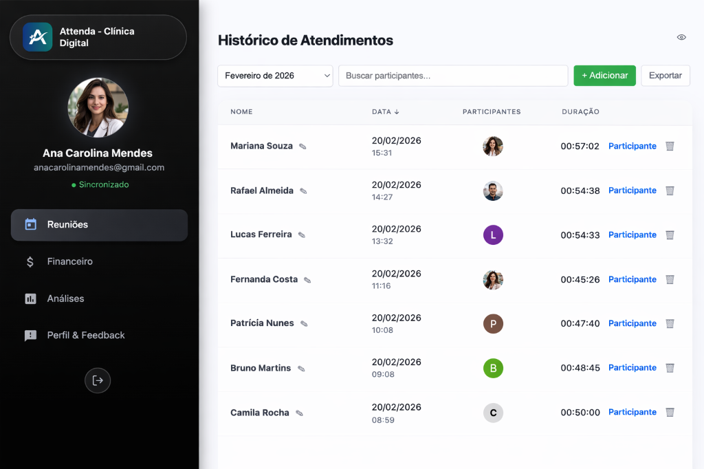 Dashboard do Attenda mostrando histórico de atendimentos